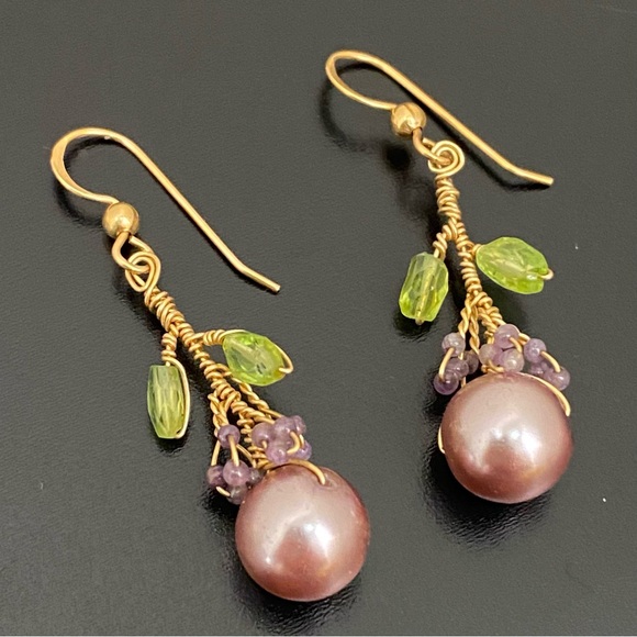 Handmade 14/20 GF Gold-filled Faux Pearl Wire Wrap Beaded Drop Earrings 4g - Picture 6 of 12